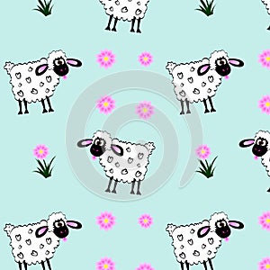 Sheep And Flowers Seamless Vector Pattern